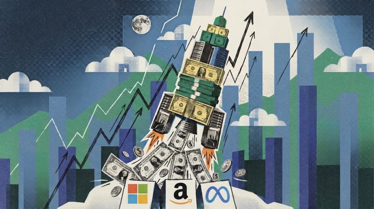 Инфографика или иллюстрация, отображающая рост инвестиций в ИИ-инфраструктуру крупных технологических компаний