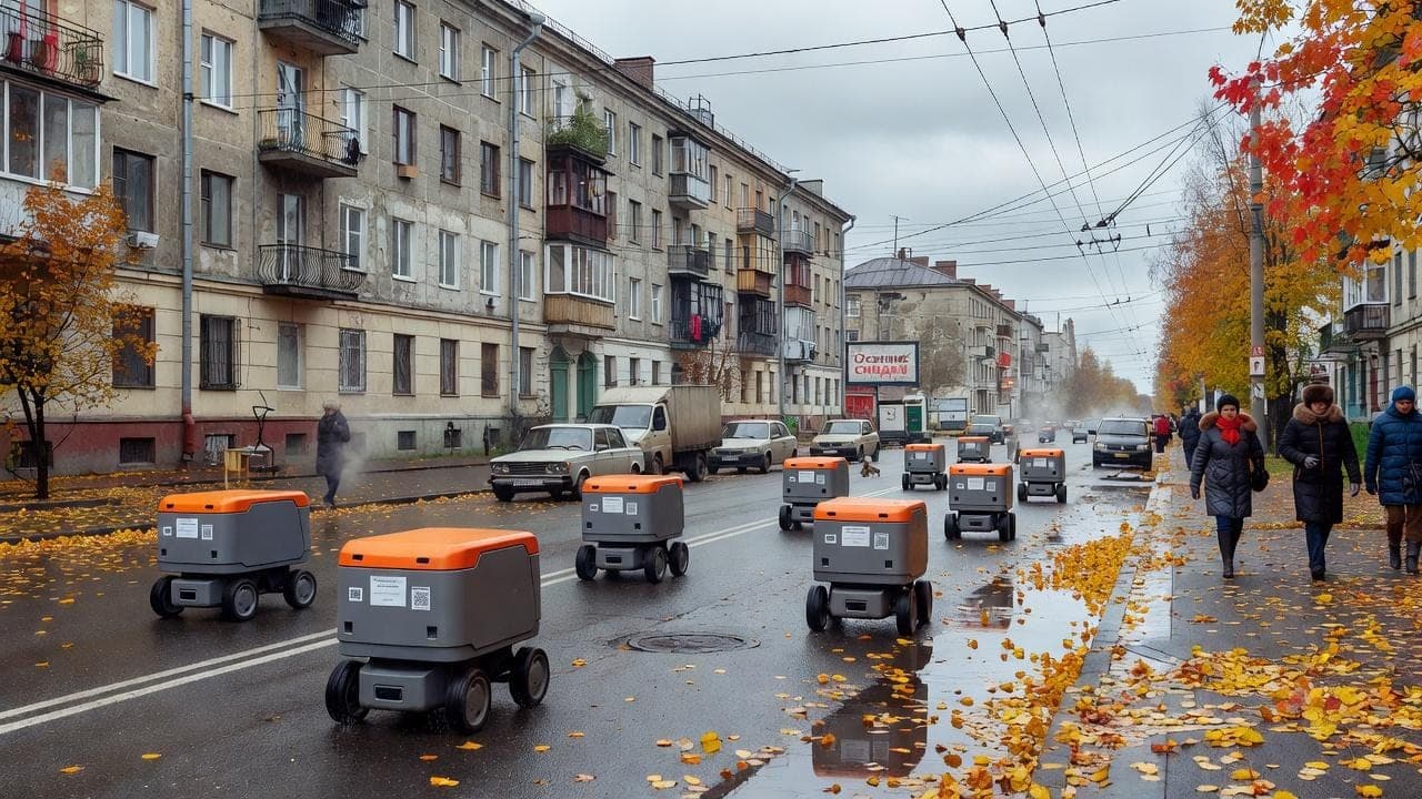 Робот-доставщик на тротуаре среди пешеходов