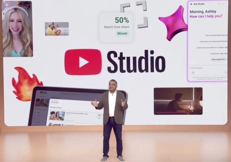 Логотип YouTube и интерфейс YouTube Studio с новыми ИИ-функциями для авторов