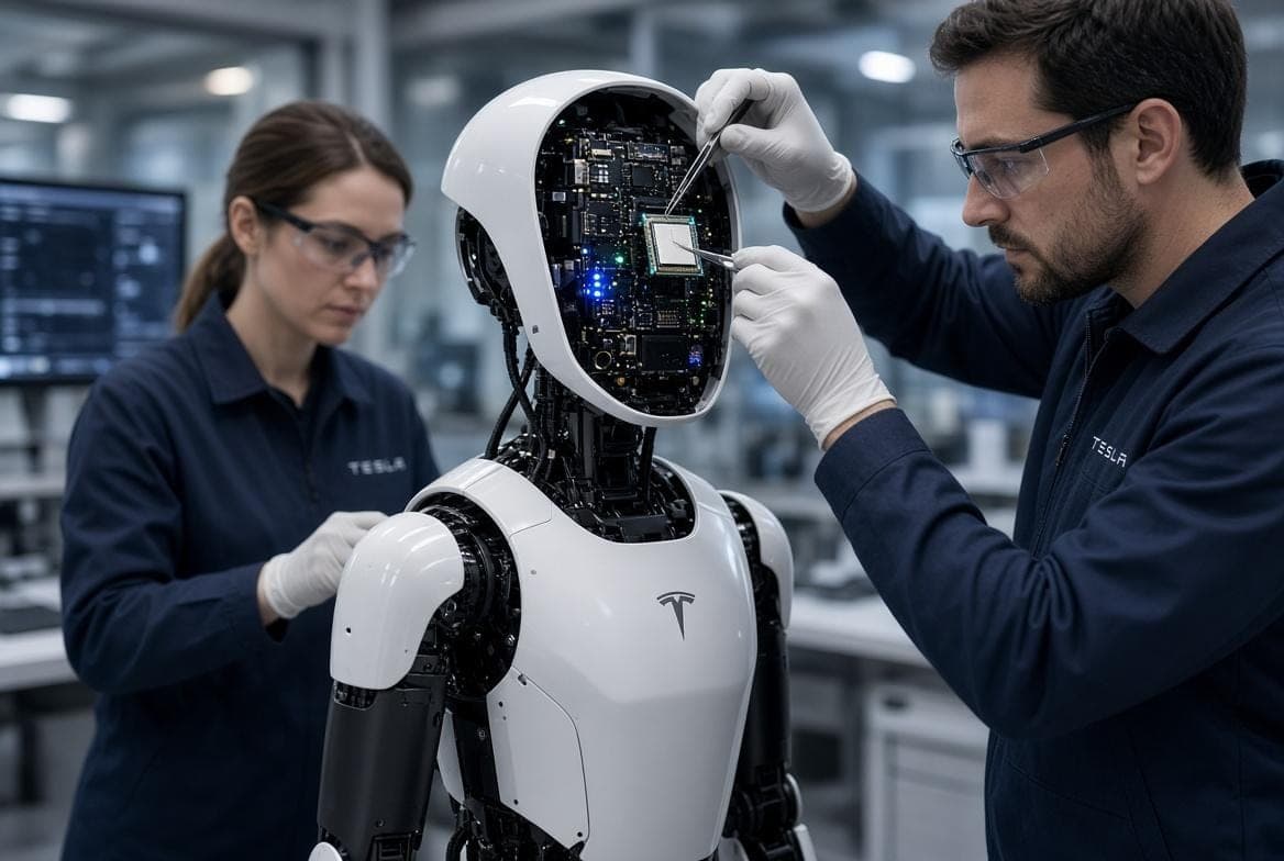 Илон Маск и концепция человекоподобного робота Optimus на фоне чипов Tesla