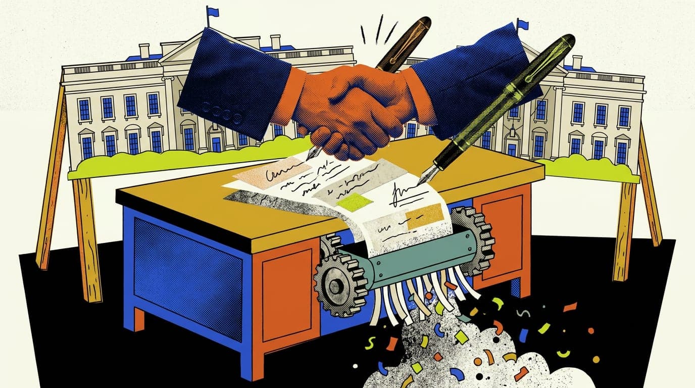 Церемония подписания кодекса поведения ИИ в Белом доме с участием Дональда Трампа и руководителей технологических компаний