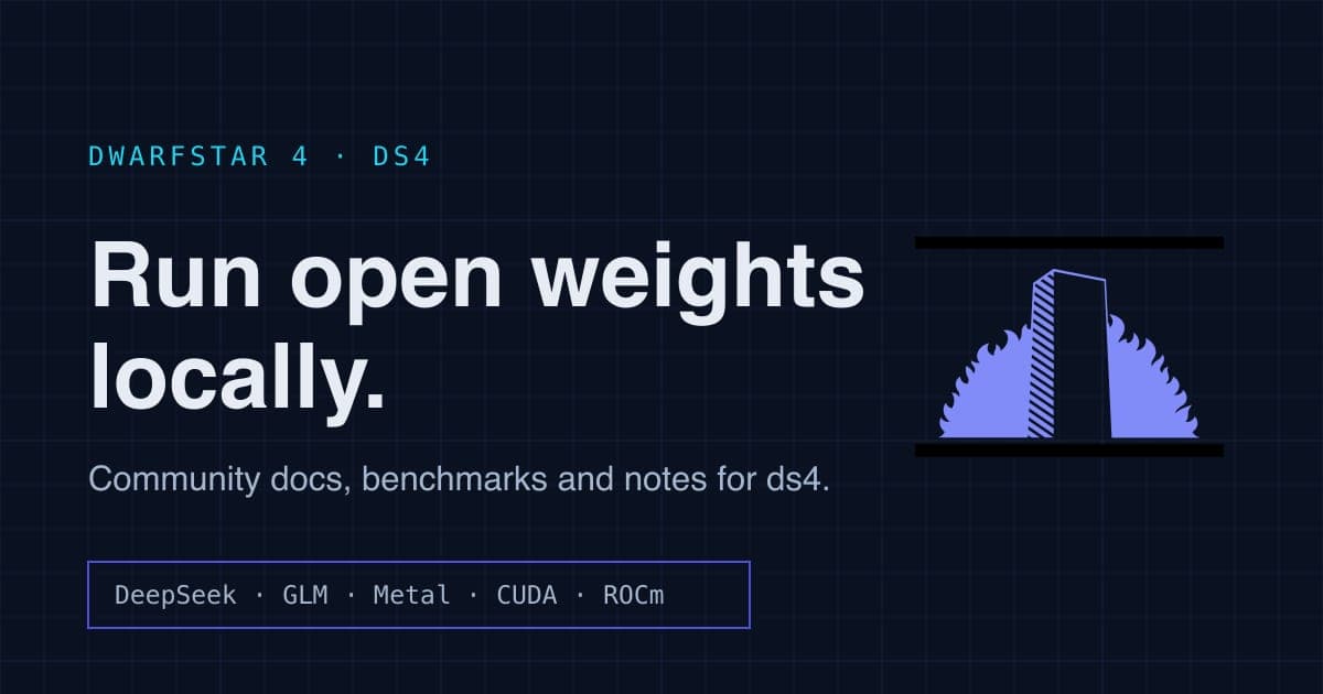 Логотип проекта ds4 и схема архитектуры локального движка для запуска LLM